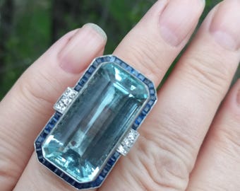 Victorian Gold 30ct Aquamarine Diamond Blue Sapphire Wedding Engagement Statement Cocktail Ring Exclusive One Of A Kind Size 7 16 Grams