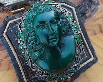 Antique Sterling Silver Enamel Malachite Cameo Brooch One Of A Kind Fabulous