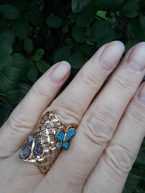 18k Gold Turquoise Smokey Topaz Butterfly Design … - image 3