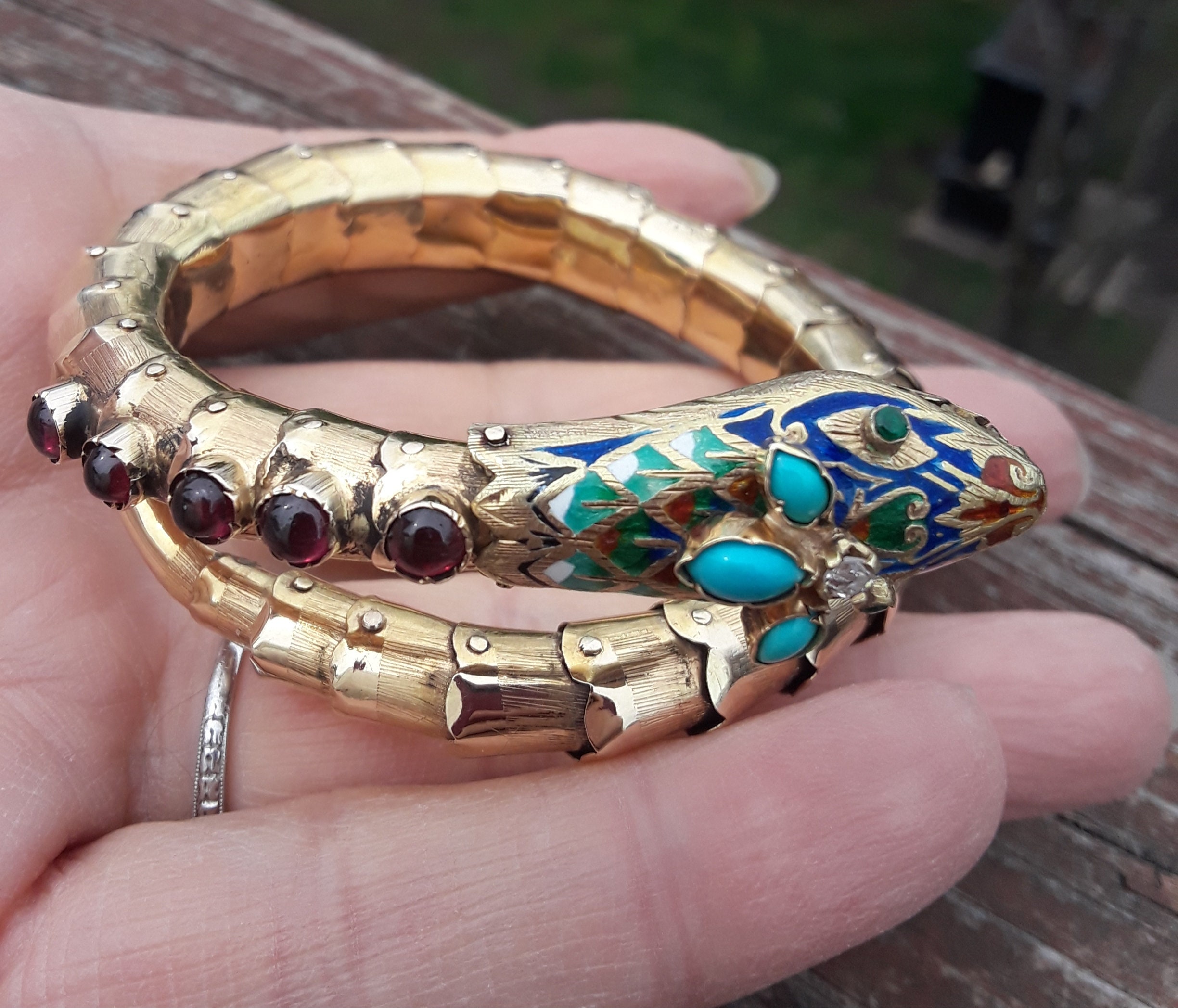 14k Gold Diamond Garnet Turquoise Emerald Eyes Enamel