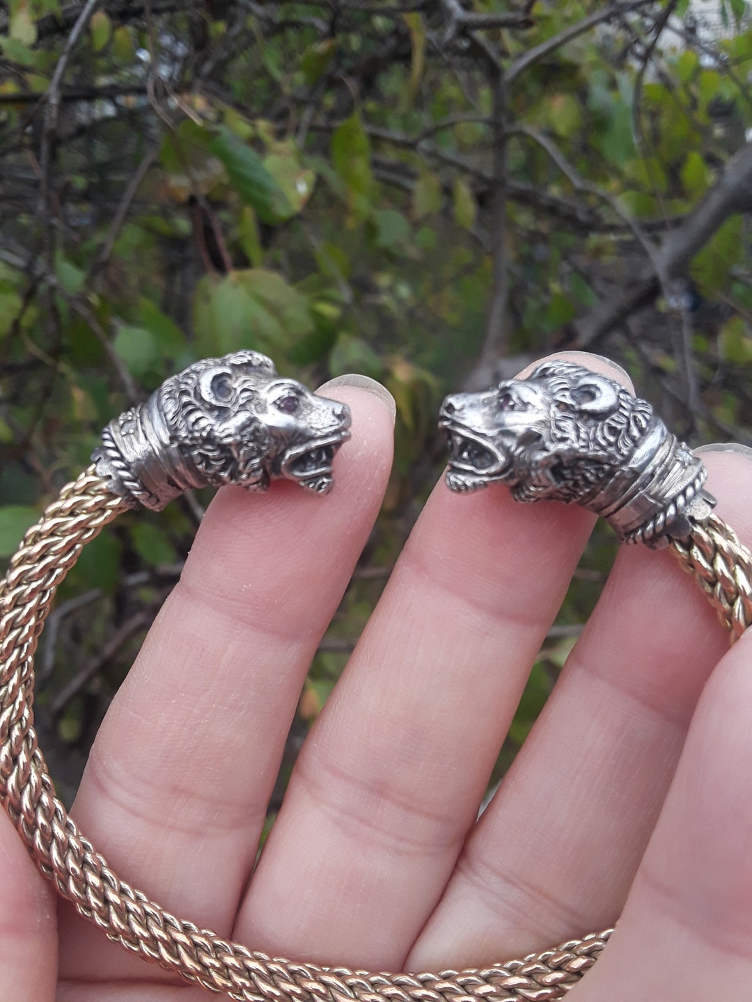 14k Gold Silver Lion Chimera Heads Diamond Ruby Eyes Bangle