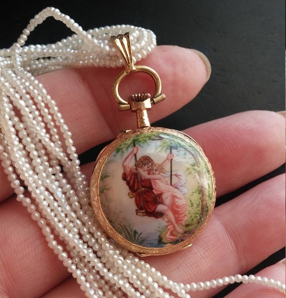 Victorian 14k Gold Enamel Watch Pendant 