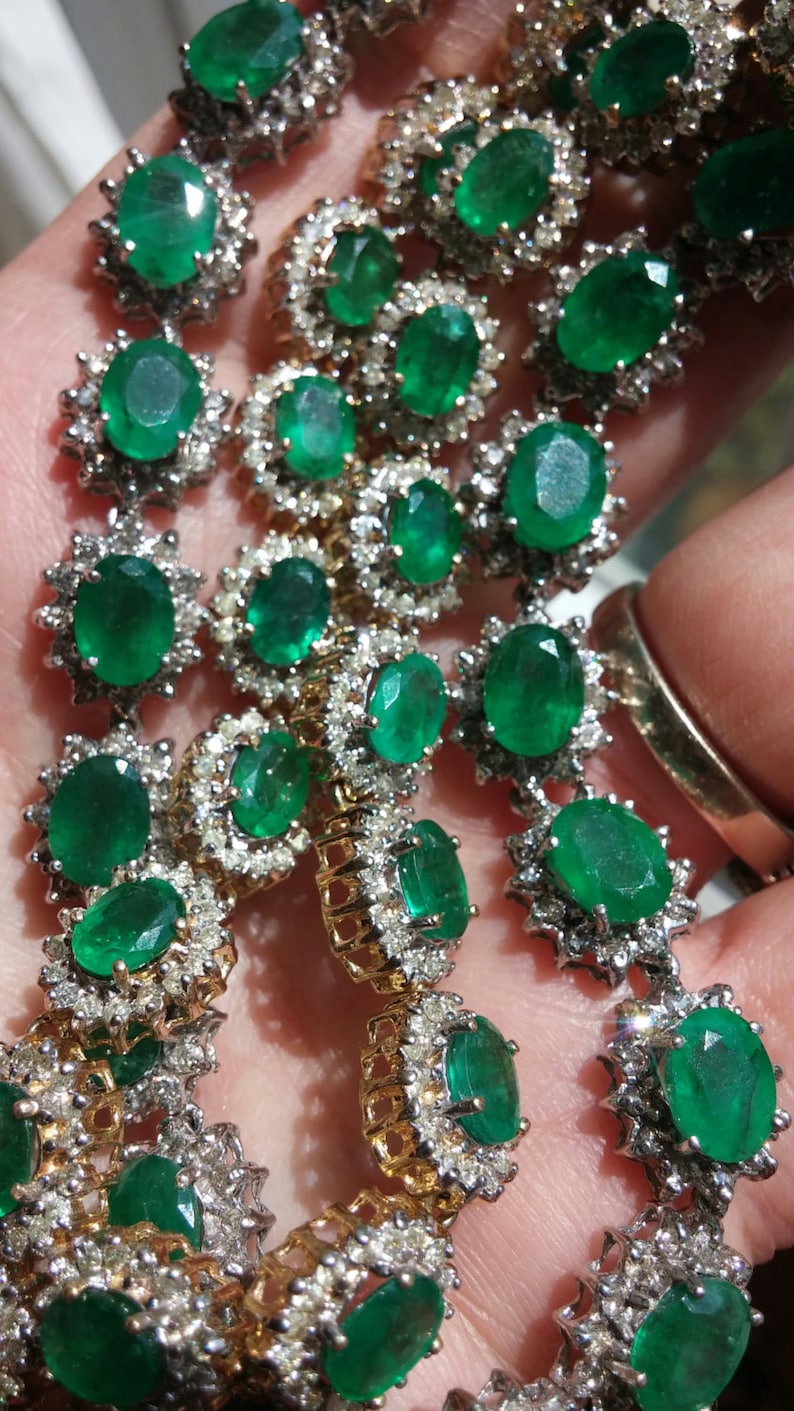 14k Gold 40ct Diamond Columbian Emerald Flower Design Necklace Etsy