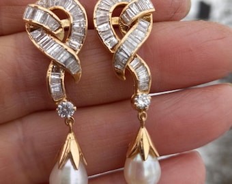 14k Gold 3ct Baguette Diamond Pearl Earrings Dangling Studs Fabulous
