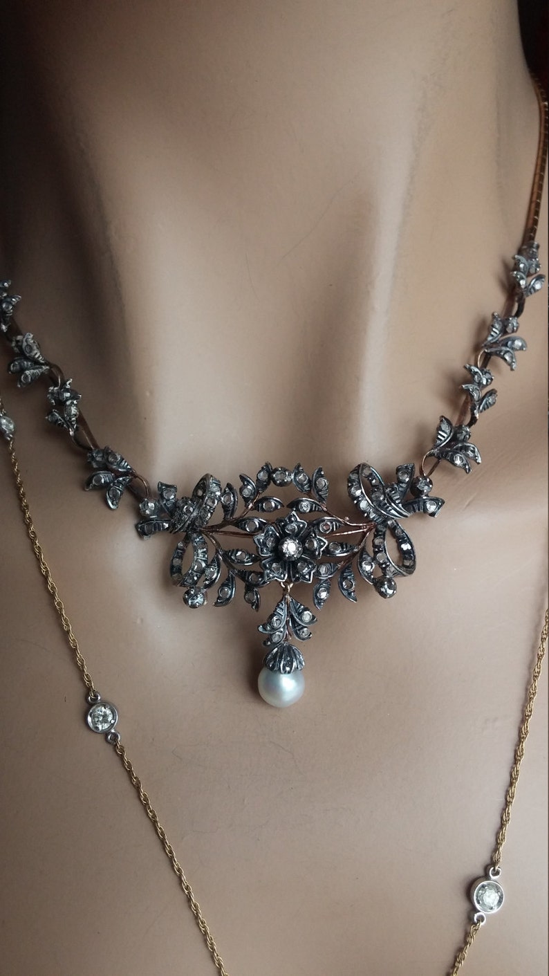 Georgian Rose Cut Diamond Pearl 19k Gold 950 Silver Necklace | Etsy