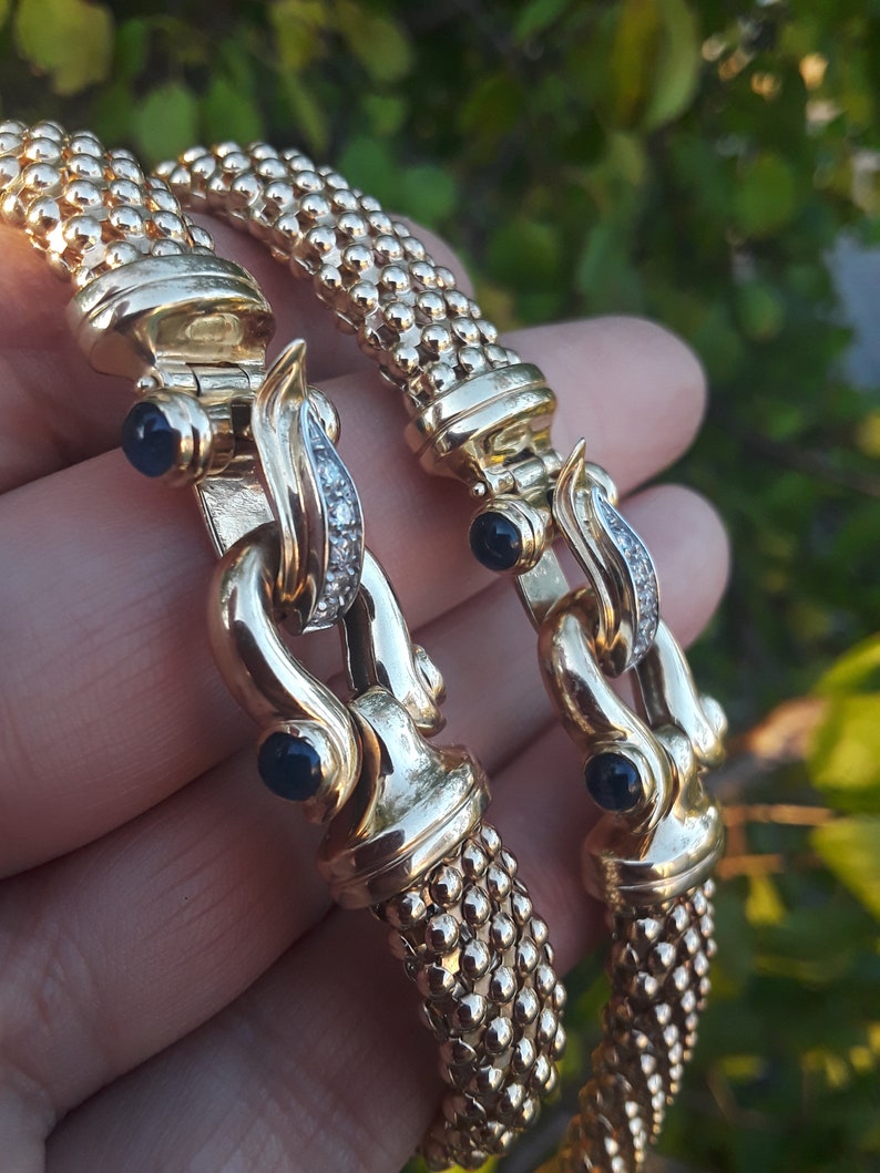 14k Gold Mesh Necklace Bracelet Set With Diamond Blue Sapphire Cabochon ...