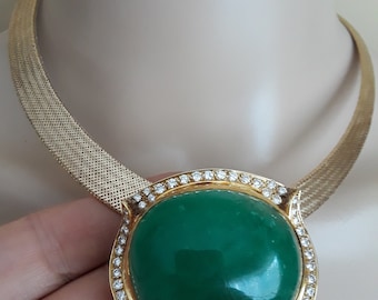 18k Gold 3ct Diamond 200ct Emerald Cabochon Brooch Pendant 76 Grams Exclusive Exceptional Fabulous