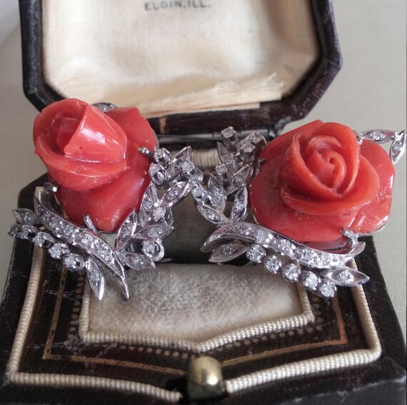 14k Gold Red Coral Diamond Rose Flower Earrings 1… - image 3