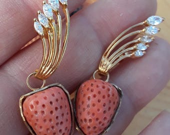 14k Gold 1ct Diamond Coral Strawberry Earrings Fabulous Exclusive Custom Made