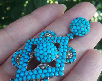 Victorian Turquoise Pave Seed Pearl Pendant 20 Grams Exceptional One Of A Kind