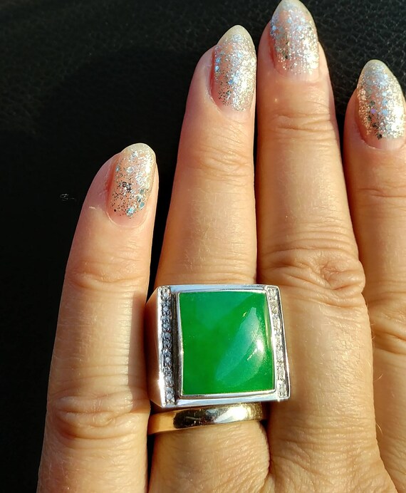 14k Gold Diamond Jade Men's Ring 15 Grams Stunning Gem
