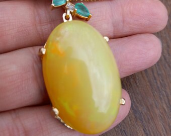 14k Gold Huge 53ct Opal Diamond Colombian Emerald Pendant Fabulous One Of A Kind