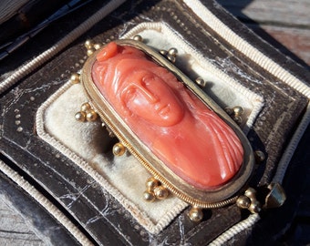 Victorian 18k Gold Coral Cameo Brooch Pin One Of A Kind