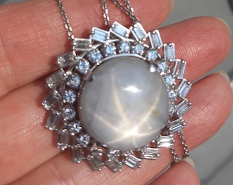 Platinum Star Sapphire Baguette Round Diamond Pendant With Chain Necklace Fabulous Exclusive 28 Grams