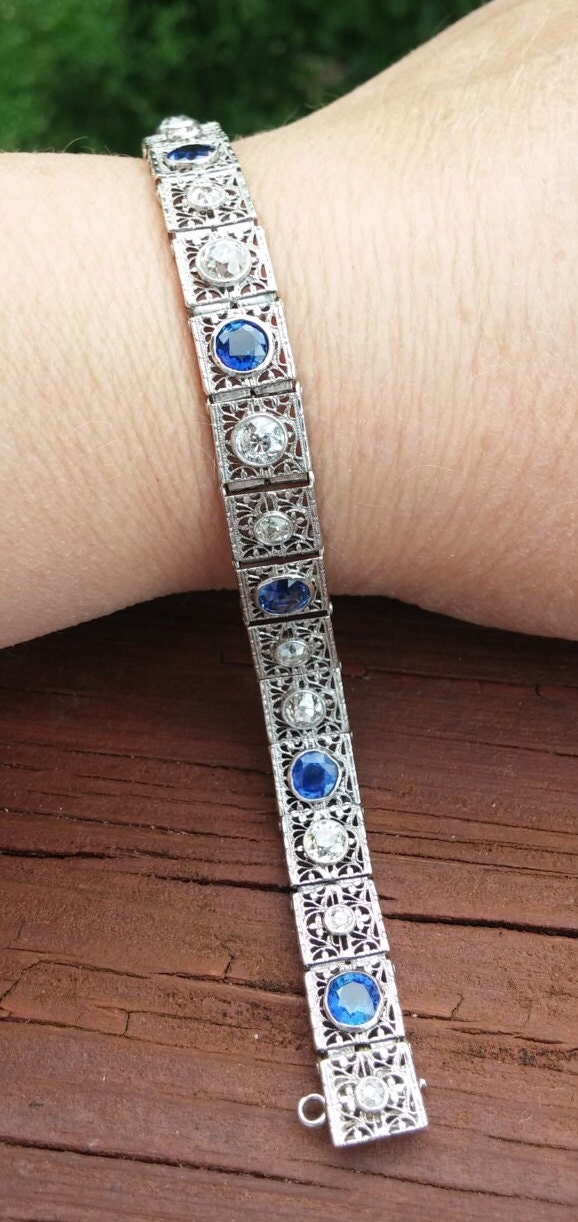 Bracelet Ancien Art Déco Années 1930/40 Plaqué Or Avec Pierre Bleue - Longueur 17,5 Cm