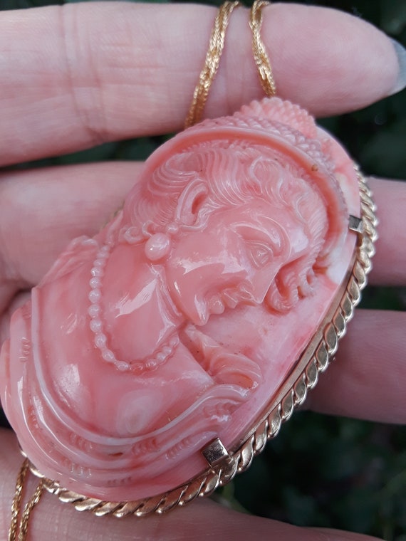 Victorian 14k Gold Salmon Coral Cameo  Brooch Pen… - image 9