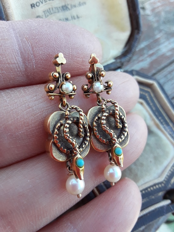 Victorian 14k Gold Turquoise Pearl Snake Dangle Ea