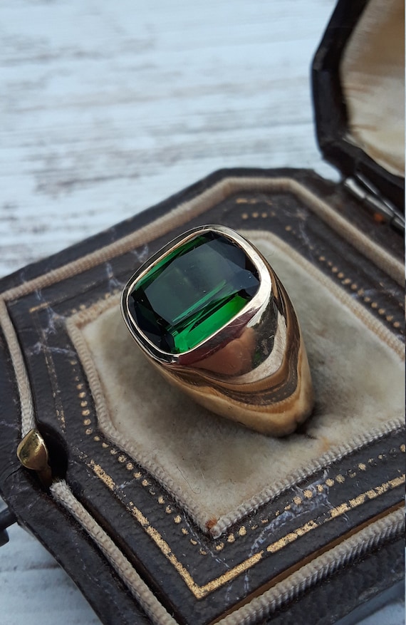 14k Gold Green Tourmaline Mens Wedding Ring Band One … - Gem