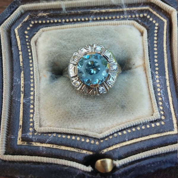 Victorian 10k Gold Diamond Blue Zircon Ring