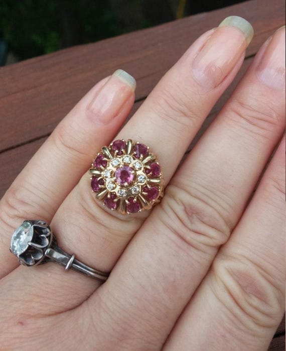 14k Gold Diamond Ruby Cascade Cocktail Ring - image 1