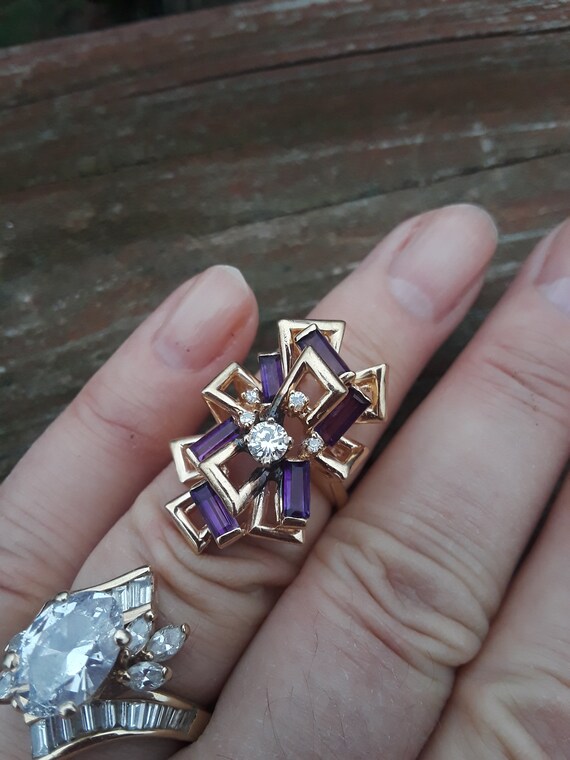 14k Gold Diamond Amethyst Modern Ring Wedding Eng… - image 4