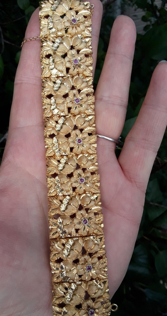 18k Gold  Ruby  Flowers Link Bracelet Fabulous  E… - image 3