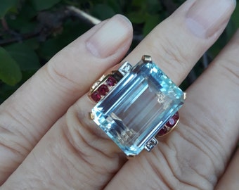 14k Gold Aquamarine Ruby Diamond Wedding Engagement Cocktail Ring Retro Fabulous