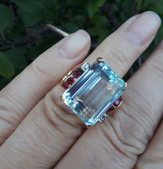 14k Gold Aquamarine Ruby Diamond Wedding Engagemen
