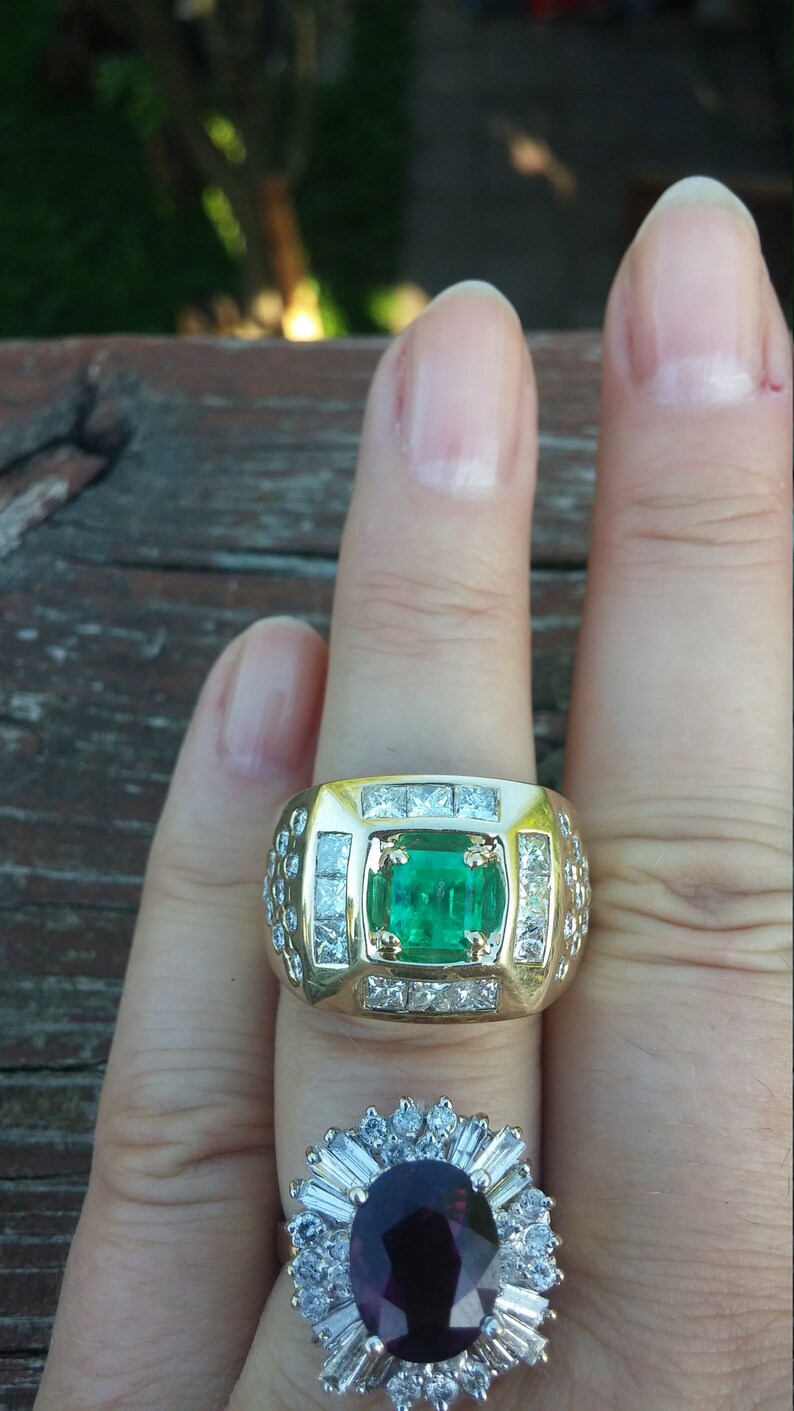 14k Gold Diamond Colombian Emerald Wedding Men's Ring Etsy