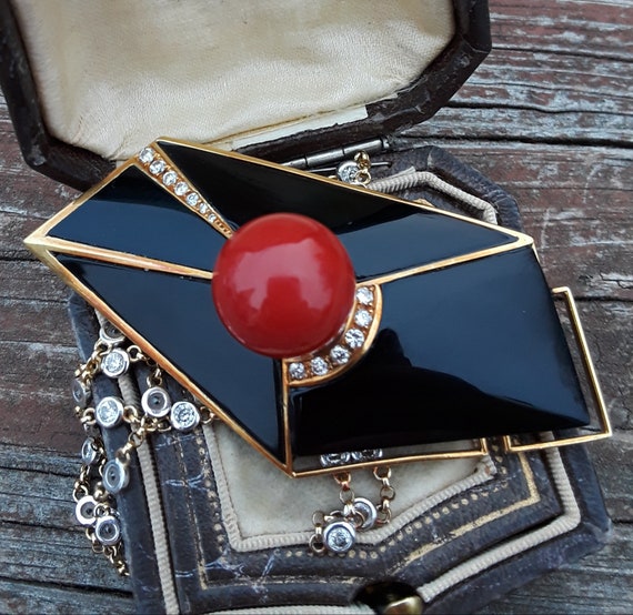 18k Gold Black Onyx Diamond Red Coral Brooch Pin … - image 3