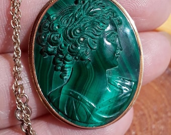 Victorian 14k Gold Malachite Cameo Pendant Brooch Fabulous One Of A Kind
