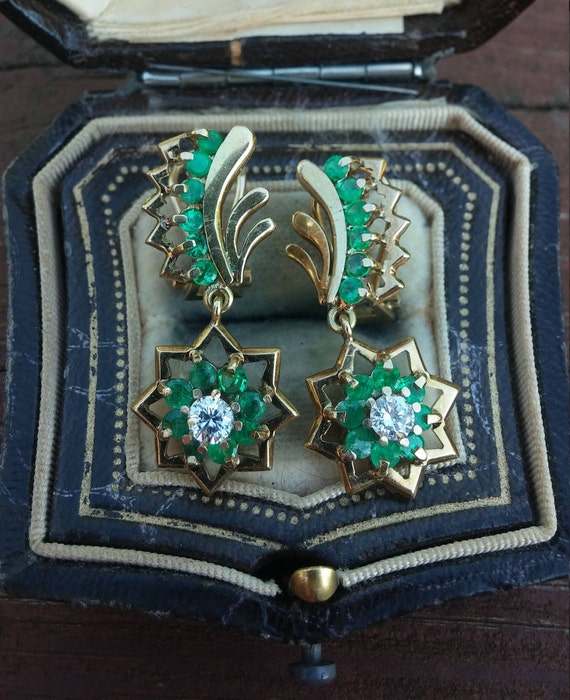 14k Gold Diamond Emerald Russian Dangle Earrings - image 1