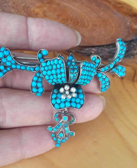 Georgian Silver Turquoise Pave Brooch Pin Fabulou… - image 6