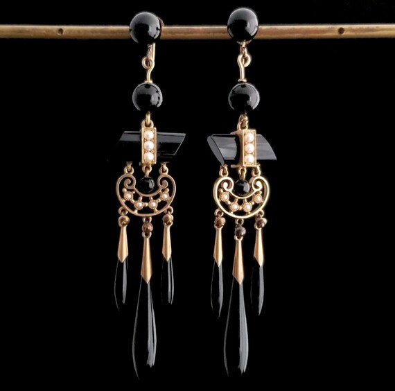 Victorian 14k Gold Black Onyx Seed Pearl Earrings… - image 8