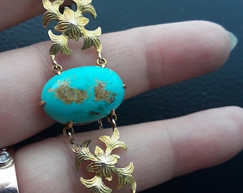 Victorian 14k Gold Turquoise Link Bracelet Unique Exeptional One Of A Kind