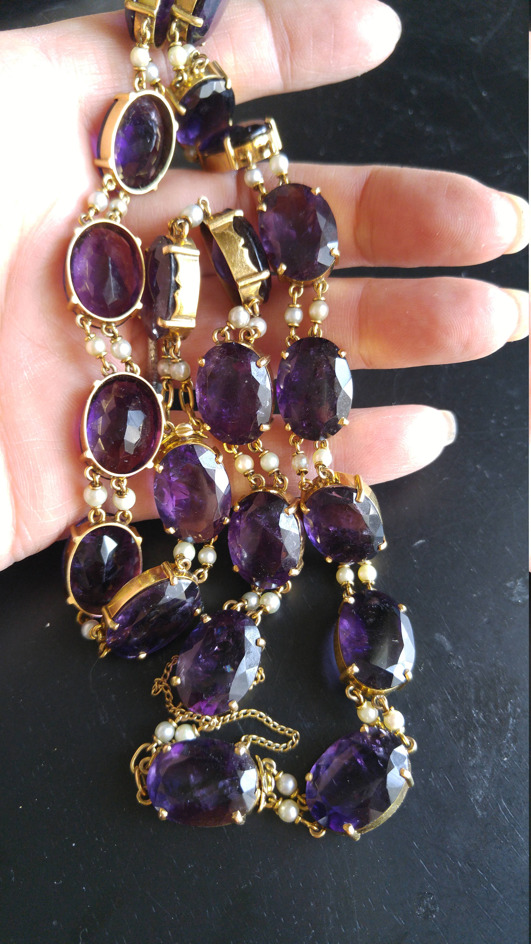 Art Nouveau 14k Gold 200ct Amethyst Seed Pearl Riviera Necklace and ...