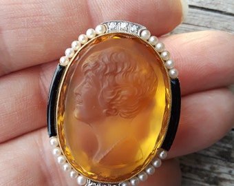 Art Deco 14k Gold Diamond Citrine Cameo Enamel Brooch Fabulous Exclusive One Of A Kind 20 Grams