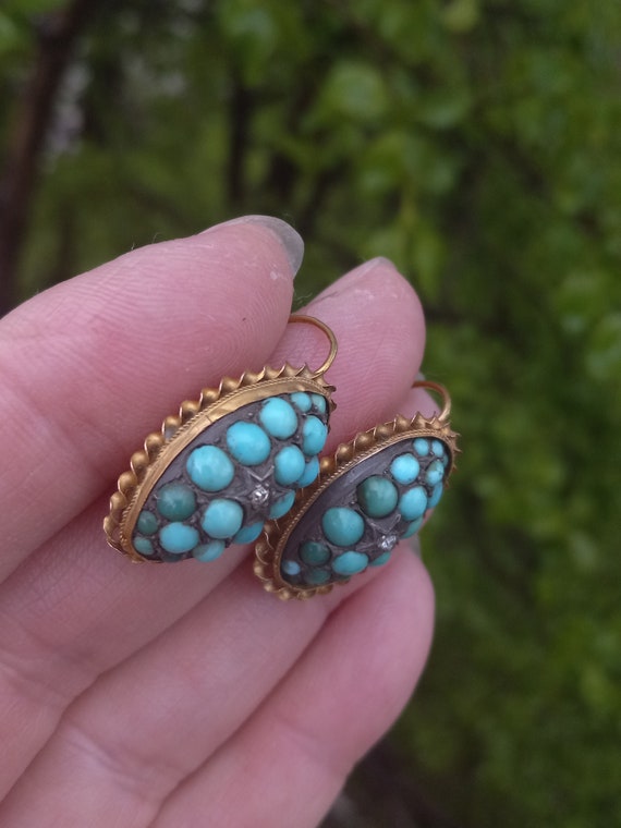 Victorian 15k Gold Diamond Turquoise Pave Earring… - image 5