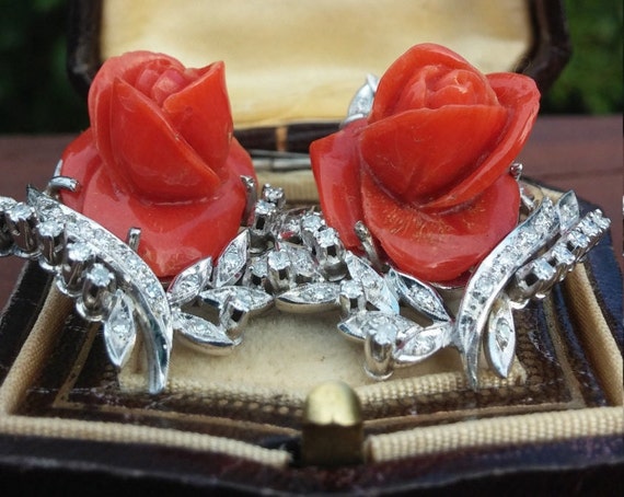 14k Gold Red Coral Diamond Rose Flower Earrings 1… - image 1