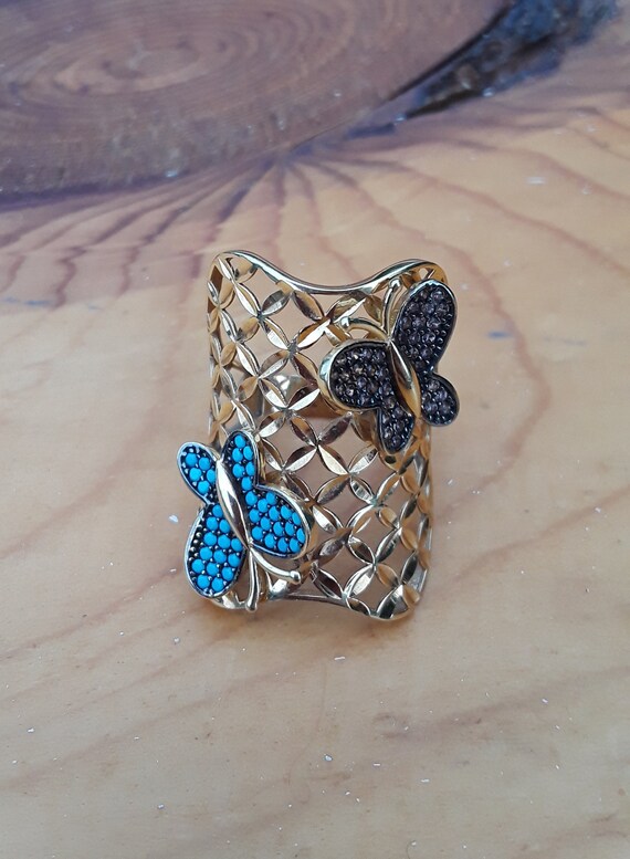 18k Gold Turquoise Smokey Topaz Butterfly Design … - image 5