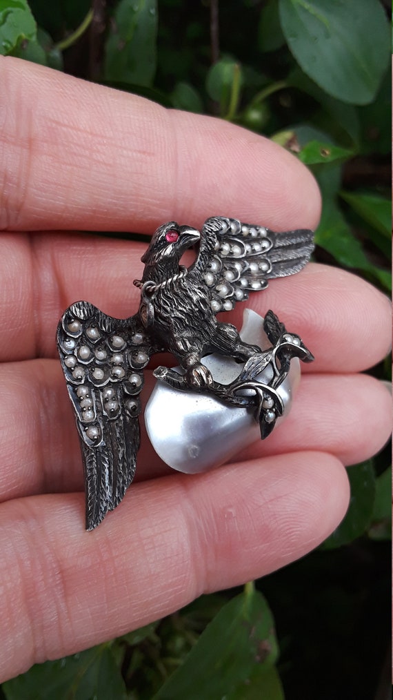 Georgian Silver Seed Pearl Diamond Pearl Eagle Bir