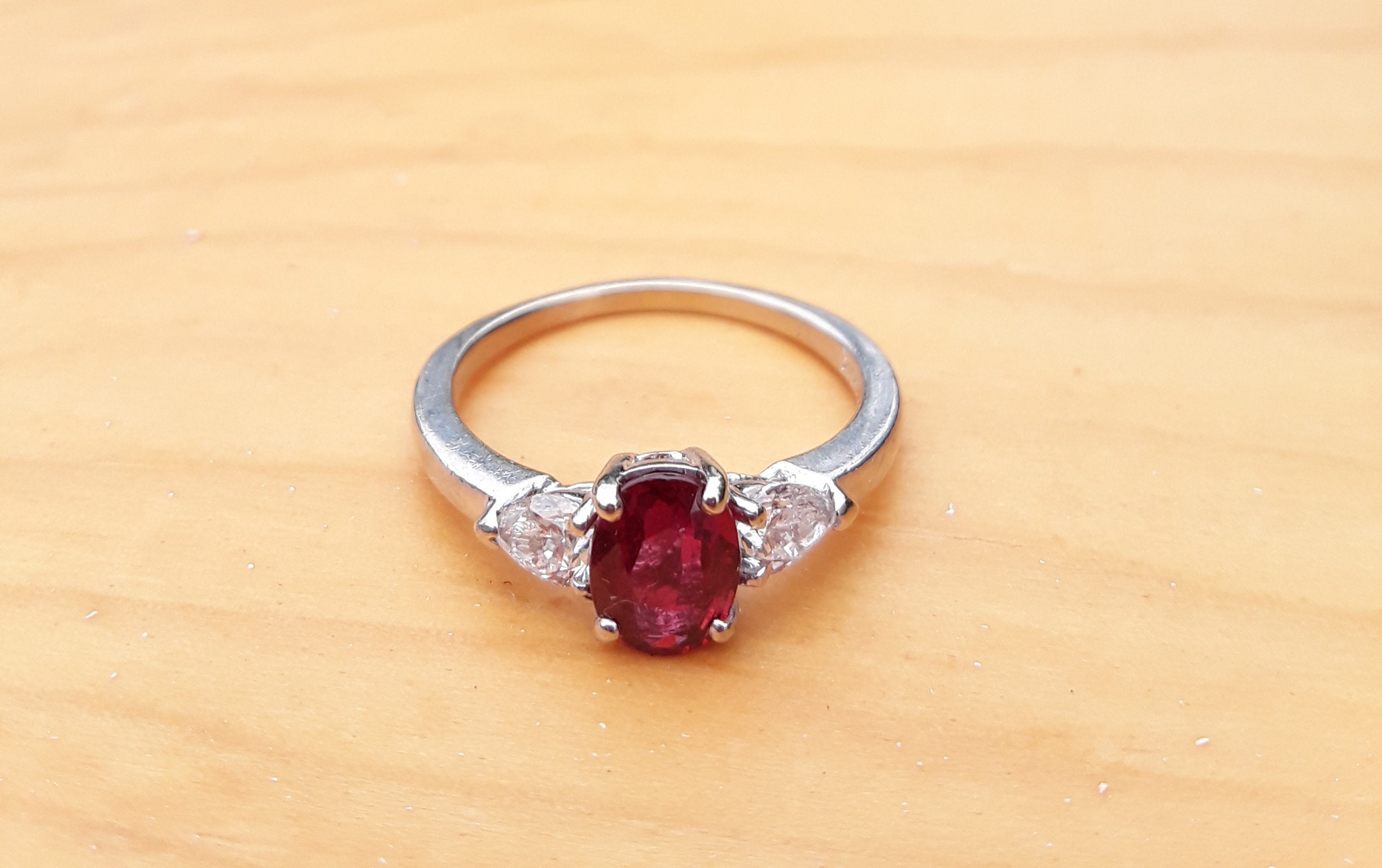 MayaRuth Sterling Silver Cocktail Ring - Created Ruby Red Gemstone With CZ Accents (Oval Shape, Vintage Style)