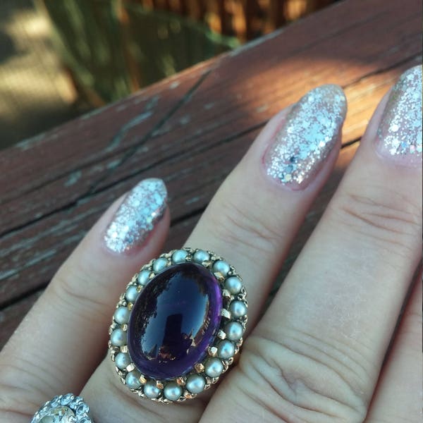 Antique Victorian 9k Gold Amethyst Seed Pearl Cocktail Ring
