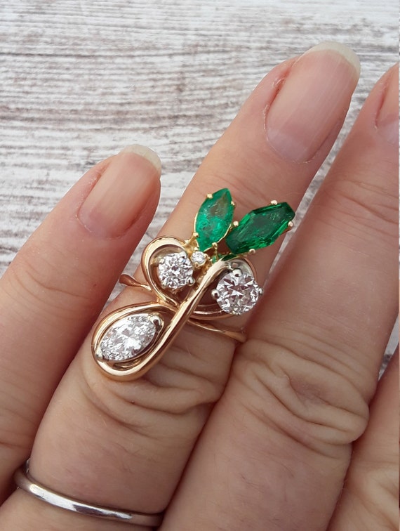 14k Gold Diamond Colombian Emerald Marquise Cut W… - image 5