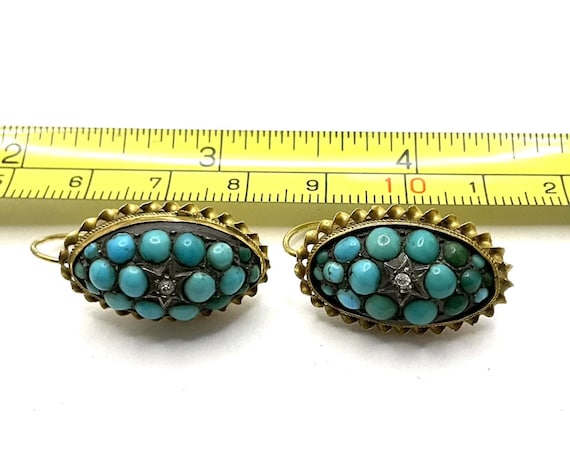 Victorian 15k Gold Diamond Turquoise Pave Earring… - image 3