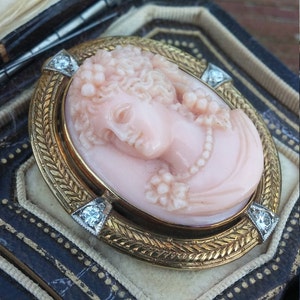 Art Nouveau 14k Gold Pink Coral Diamond Cameo Brooch Pendant Rare Stunning 12.2 Grams