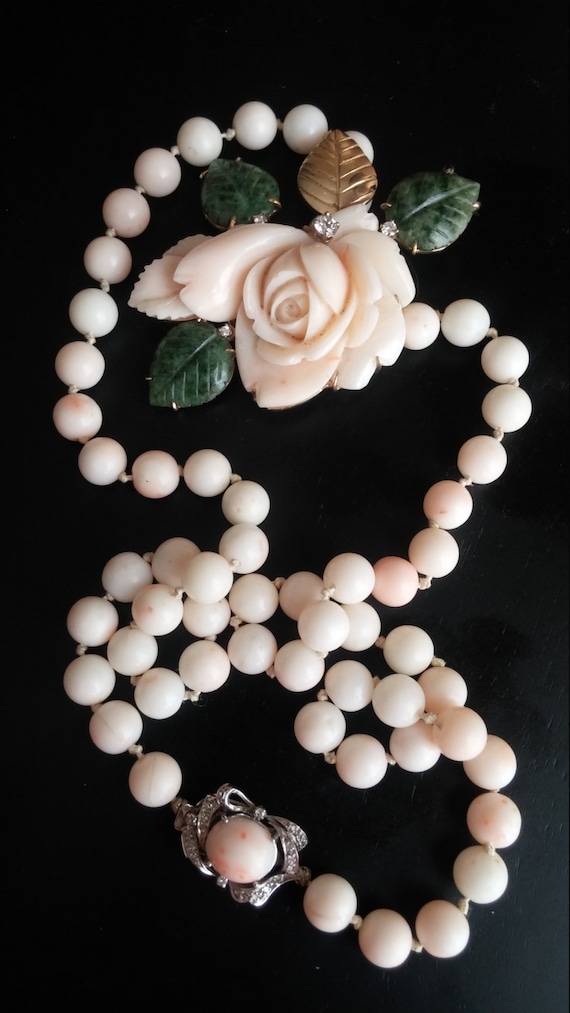 14k Gold Diamond Coral Jade Rose Brooch Pendant Pin Flower 34.4