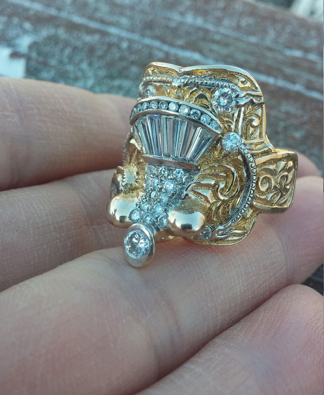 14k Gold 5ct Baguette Round Diamond Men's Horse Saddle Ring