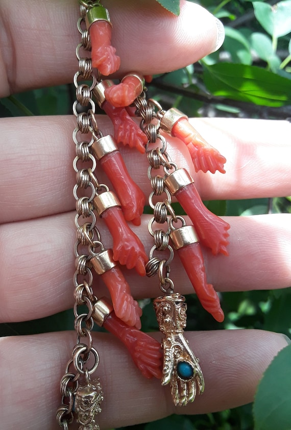 Victorian 14k Gold Red Coral Figa Charm Bracelet … - image 1