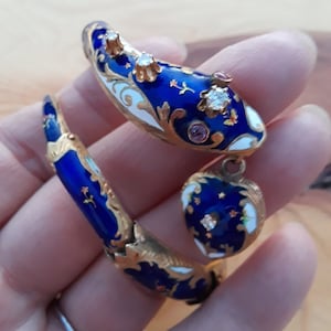 Victorian 14k Gold Diamond Blue Enamel Serpent Snake Holding Heart Bangle Bracelet Exclusive Exceptional 56 Grams Appraisal 12500 VIDEO